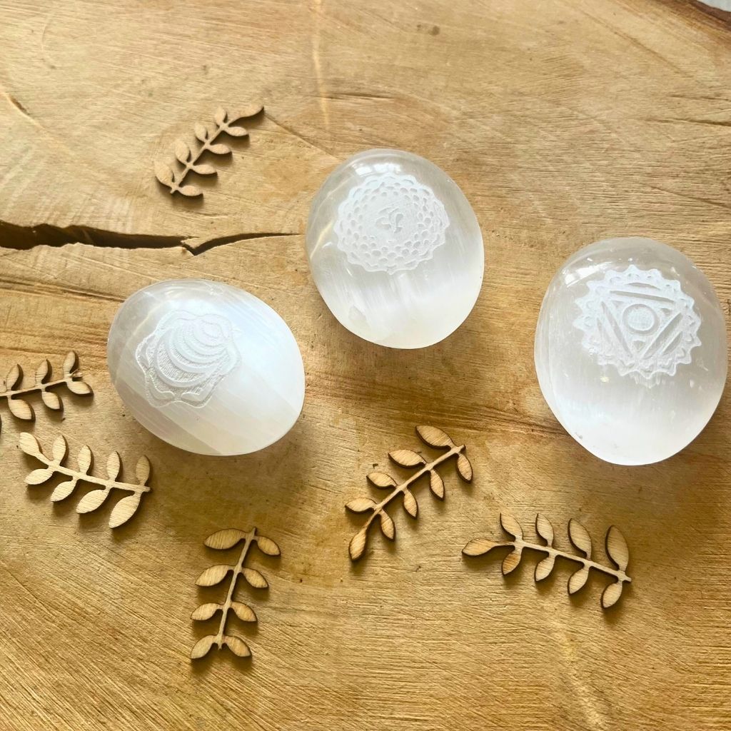 Selenite Etched Chakra Palmstones